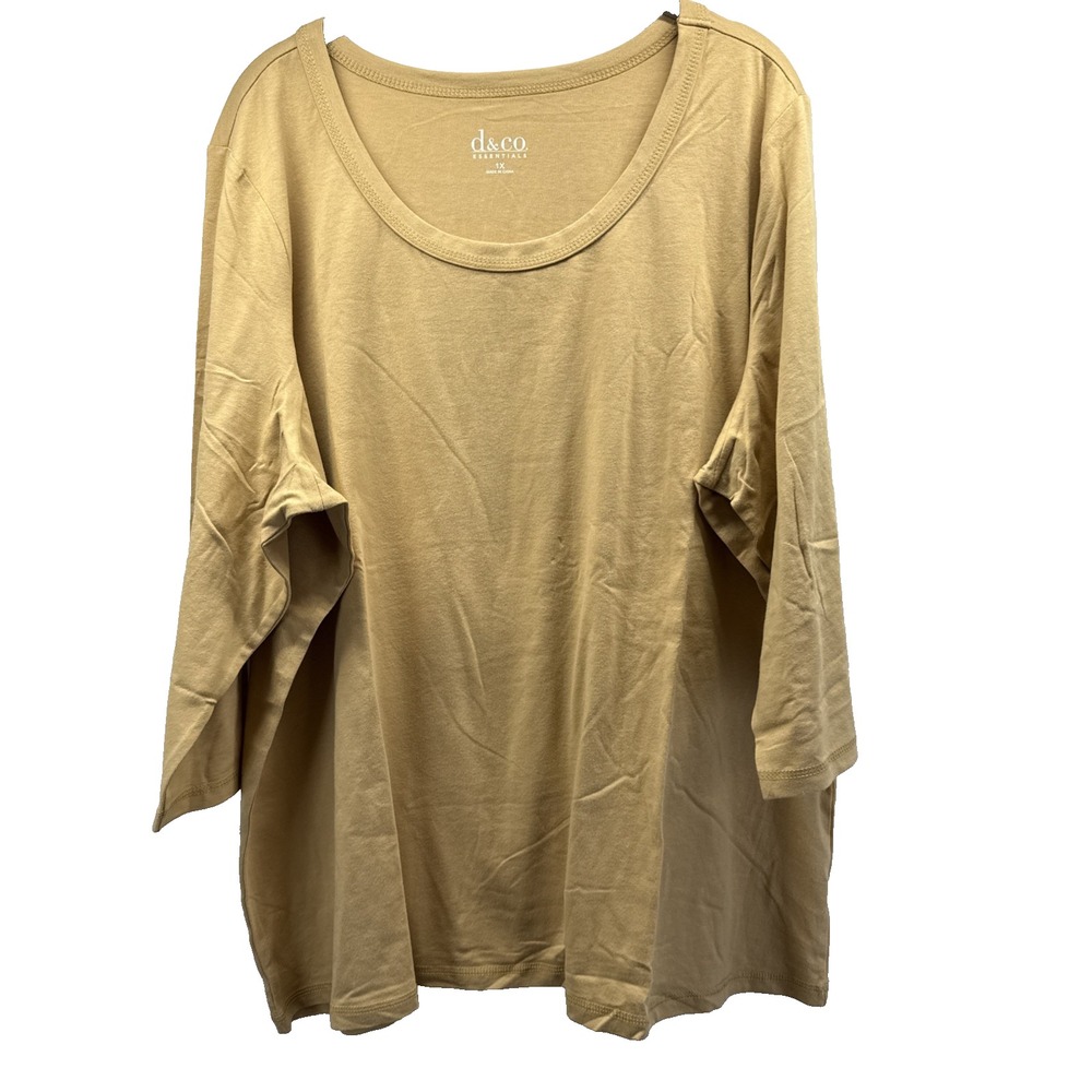 Denim & Co Women's Top Size 1X Plus Solid Gold 3/4 Sleeve Cotton Blend Pullover